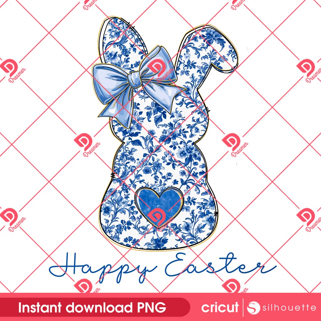Bunny Floral Happy Easter PNG, Blue Floral Chinoiserie Bunny PNG