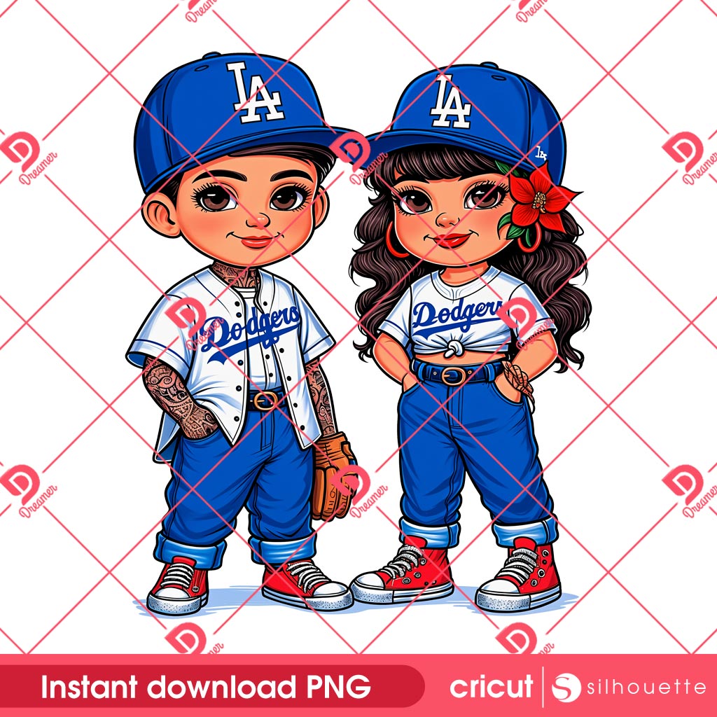 Chicano Boy And Girl LA Dodgers PNG, Chicana Dodgers PNG, Cute Cartoon Baseball Dodgers PNG