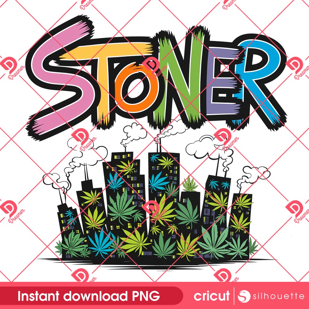 Colorful Stoner Cityscape Cannabis PNG, Stoner Graffiti Art Weed Leaf PNG Design