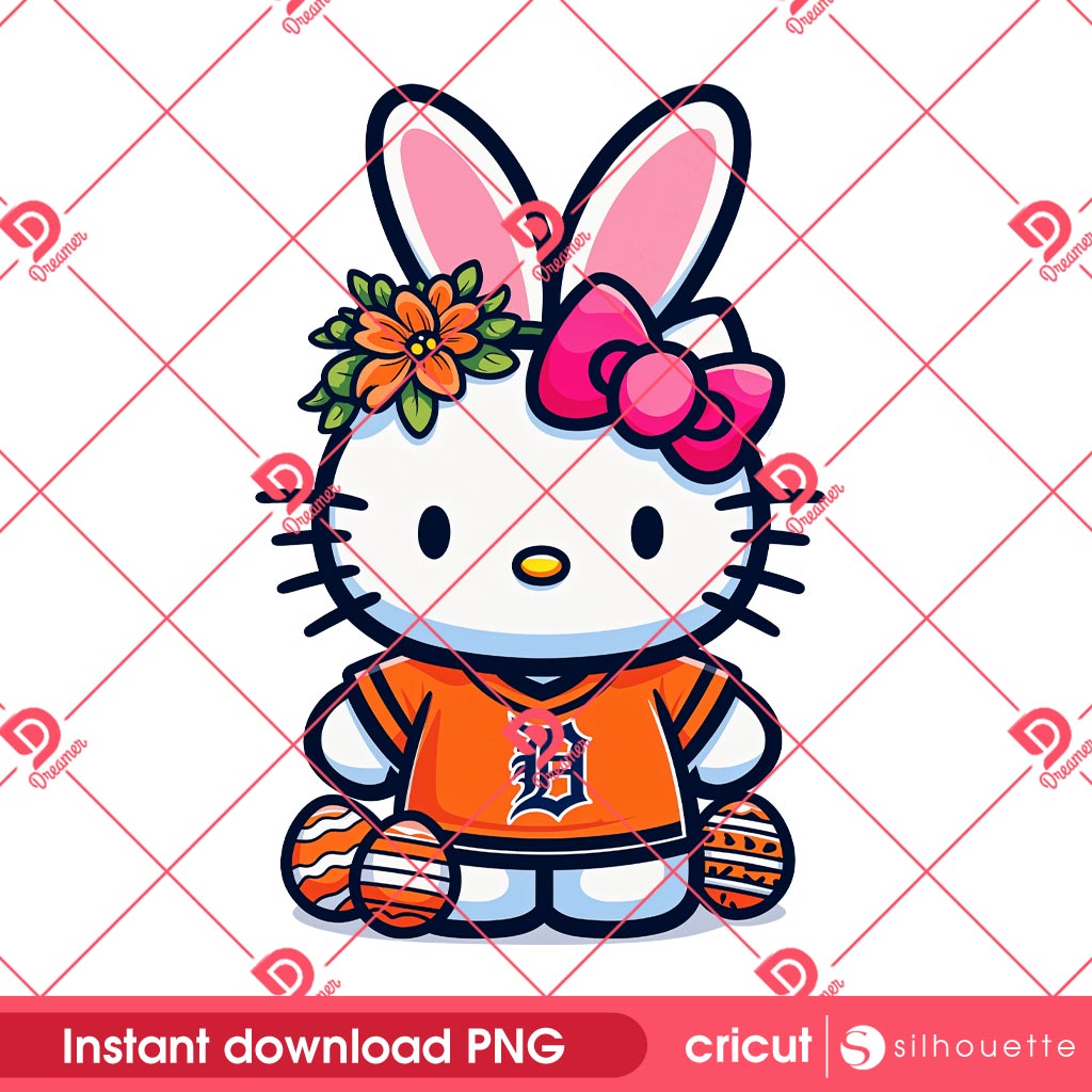 Hello Kitty Detroit Tigers Bunny Easter PNG, Easter 2025 MLB Detroit Tigers Hello Kitty PNG