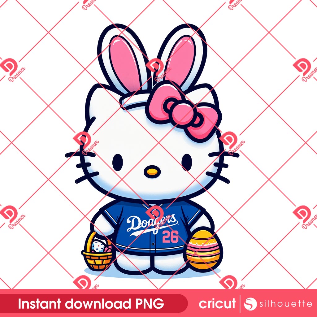 Hello Kitty LA Dodgers Bunny Easter PNG, Easter 2025 LA Dodgers Kitty Baseball PNG