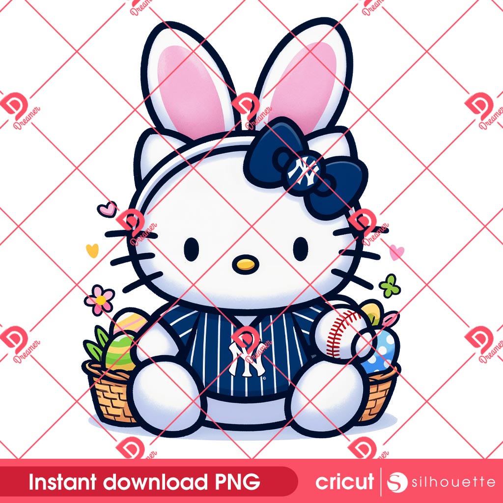 Hello Kitty NY Yankees Bunny Easter PNG, Easter 2025 New York Yankees Hello Kitty Baseball PNG
