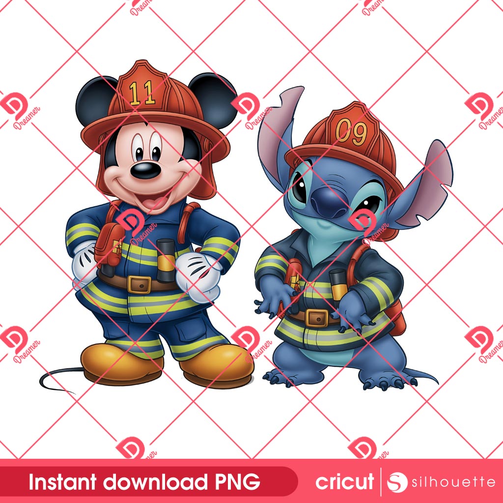 Mickey And Stitch Wearing Firefighter PNG, Disney Characters Firefighter PNG Design