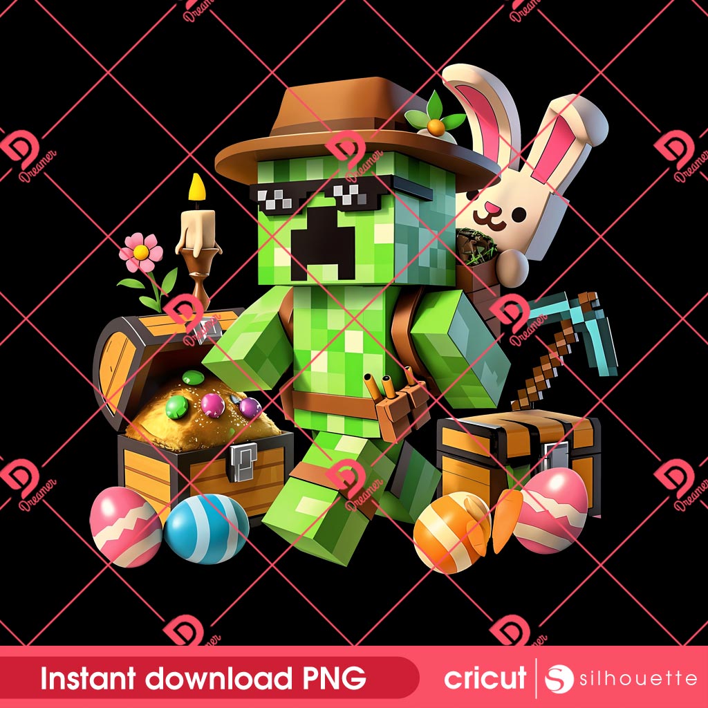 Minecraft Game Happy Easter Design PNG, Pixel Game Bunny Egg Easter Day PNG Design
