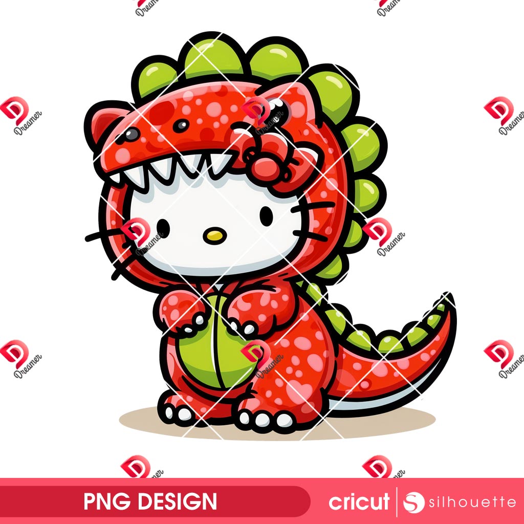Cute Hello Kitty Wearing Dinosaur Outfits PNG, T-Rex Hello Kitty PNG