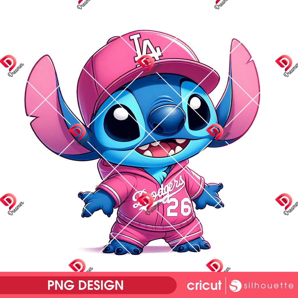 Cute Stitch Wearing Pink Dodgers Outfits PNG, Los Angeles Dodgers Stitch Baseball PNG