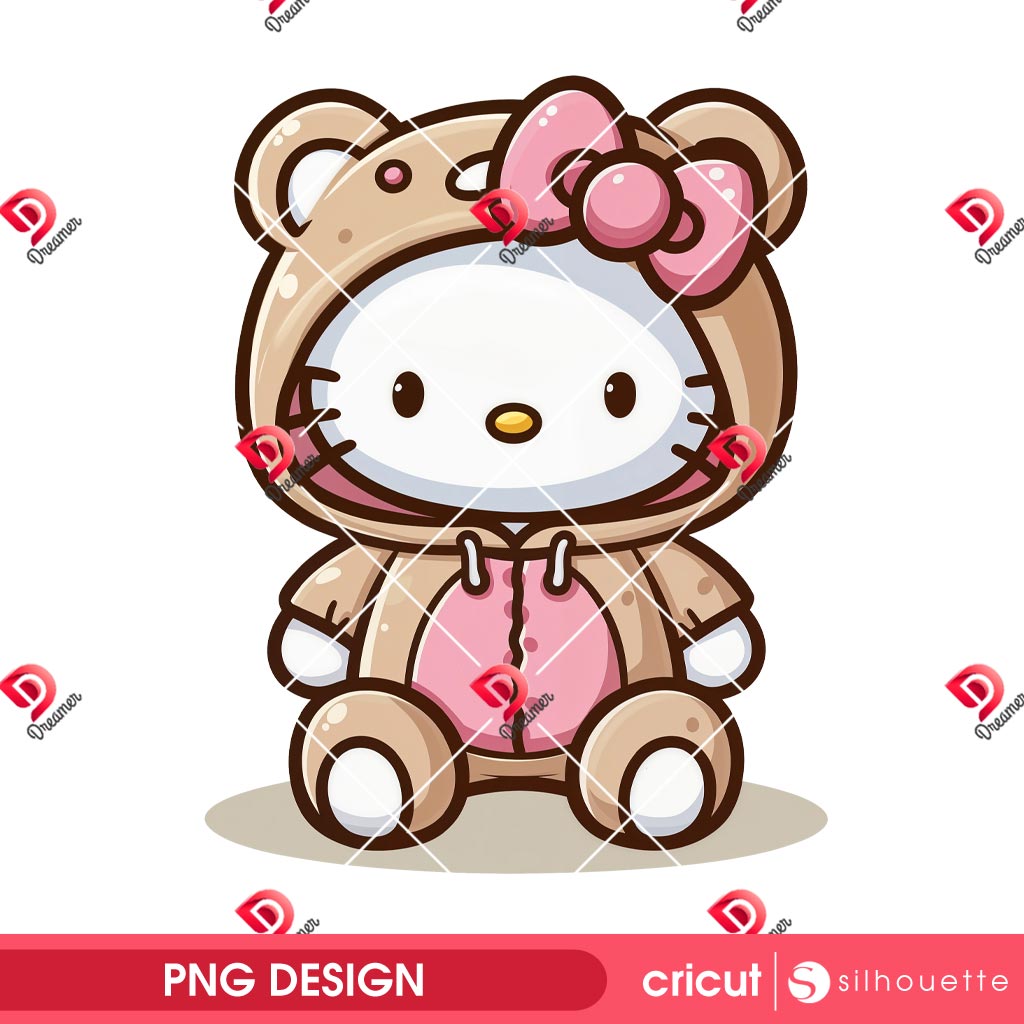 Hello Kitty Teddy Bear PNG, Kitty Wearing Bear Outfits PNG
