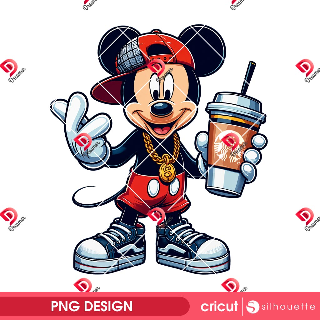 Hiphop Mickey Mouse PNG, Disney Mouse Drinks Coffee PNG