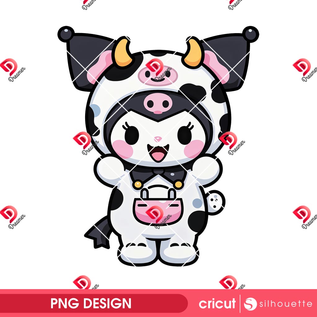 Kuromi Wearing A Cute Cow Outfit PNG, Cute Cow Kuromi PNG Design