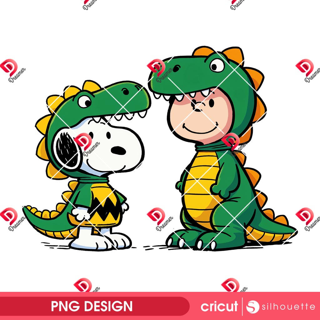 Snoopy And Charlie Brown Wearing Dinosaur Outfit PNG, Peanuts Dinosaur PNG