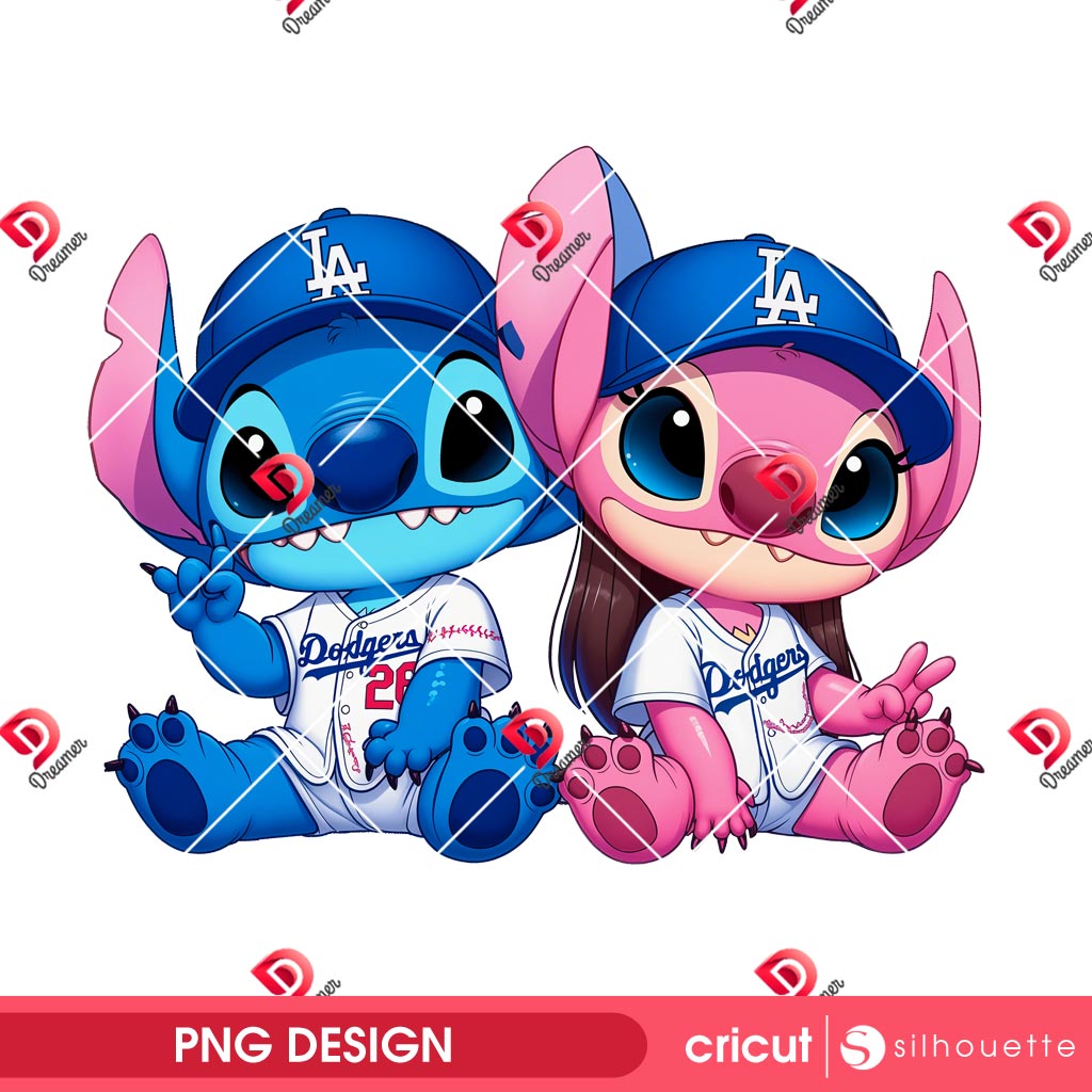Stitch And Angel Wearing LA Dodgers Outfits PNG, Los Angeles Dodgers Disney Stitch Baseball PNG