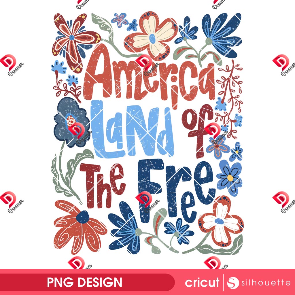 America Land Of The Free PNG Design, Retro Floral 4th of July PNG, Retro Boho Flower USA PNG Design
