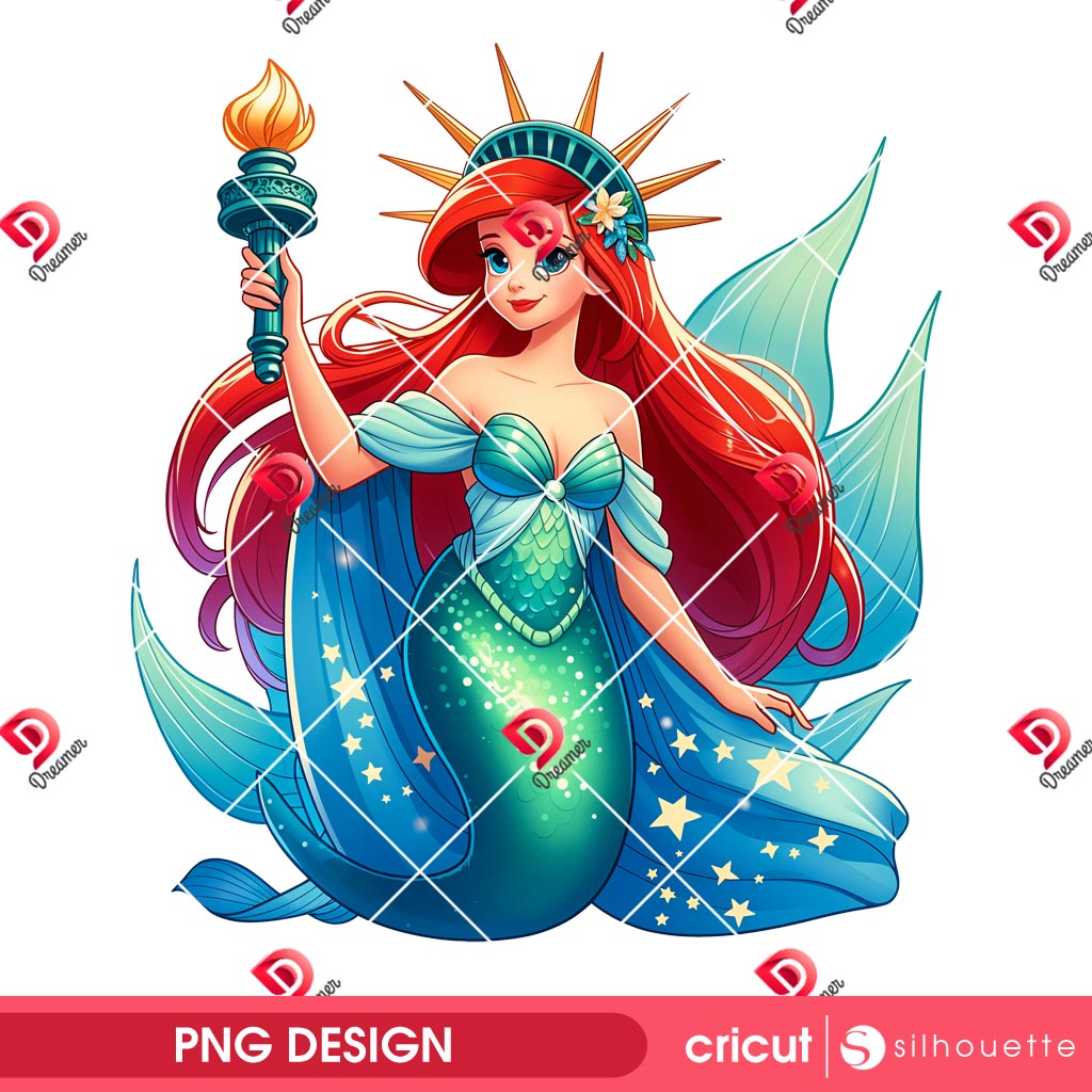 Ariel Mermaid Goddess Of Liberty PNG, Disney Princess Independence Day PNG, Ariel Princess 04th Of July PNG