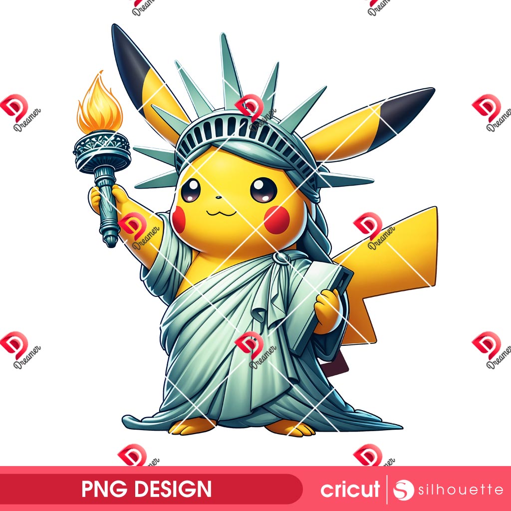 Pikachu Goddess Of Liberty PNG, Pokemon Independence Day PNG, Pikachu 04th Of July PNG
