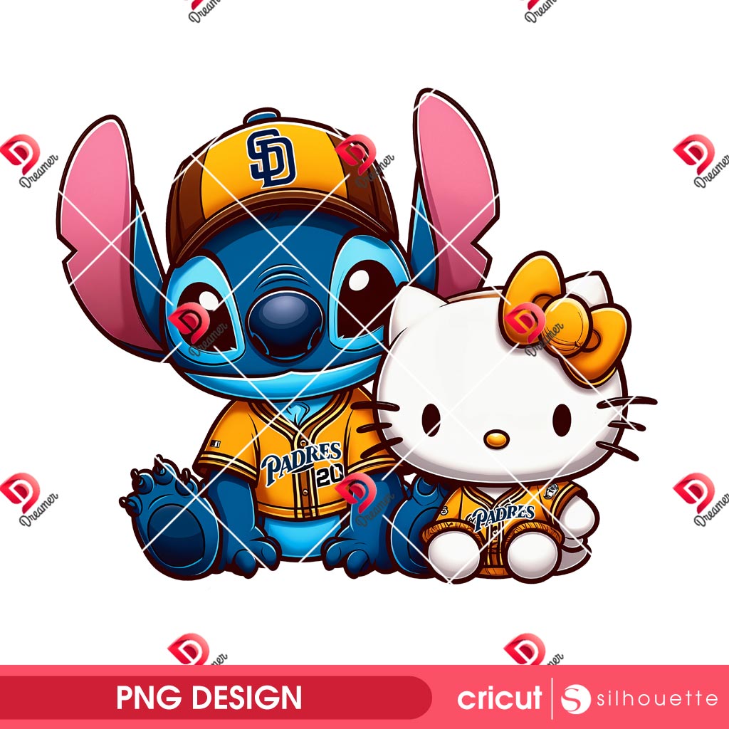 Stitch And Hello Kitty SD Padres Baseball PNG, San Diego Padres Hello Kitty And Stitch PNG